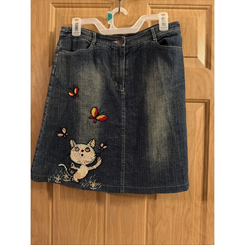 Upcycled Reworked Jean/Denim Skirt  w/Beaded Cat & Butterflies. Sz 11.Great Cond